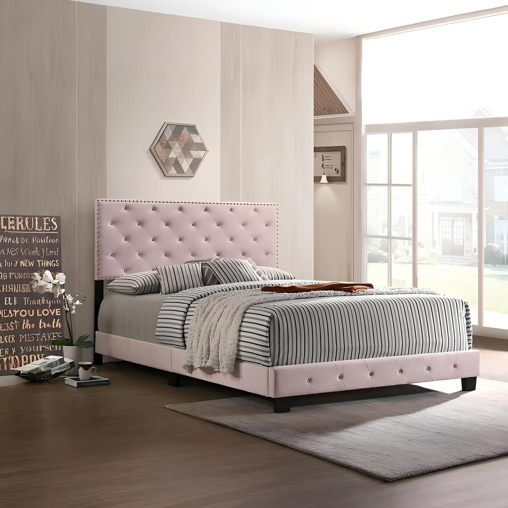 Full Size Velvet Platform Bed with Sturdy Frame and Easy Assembly