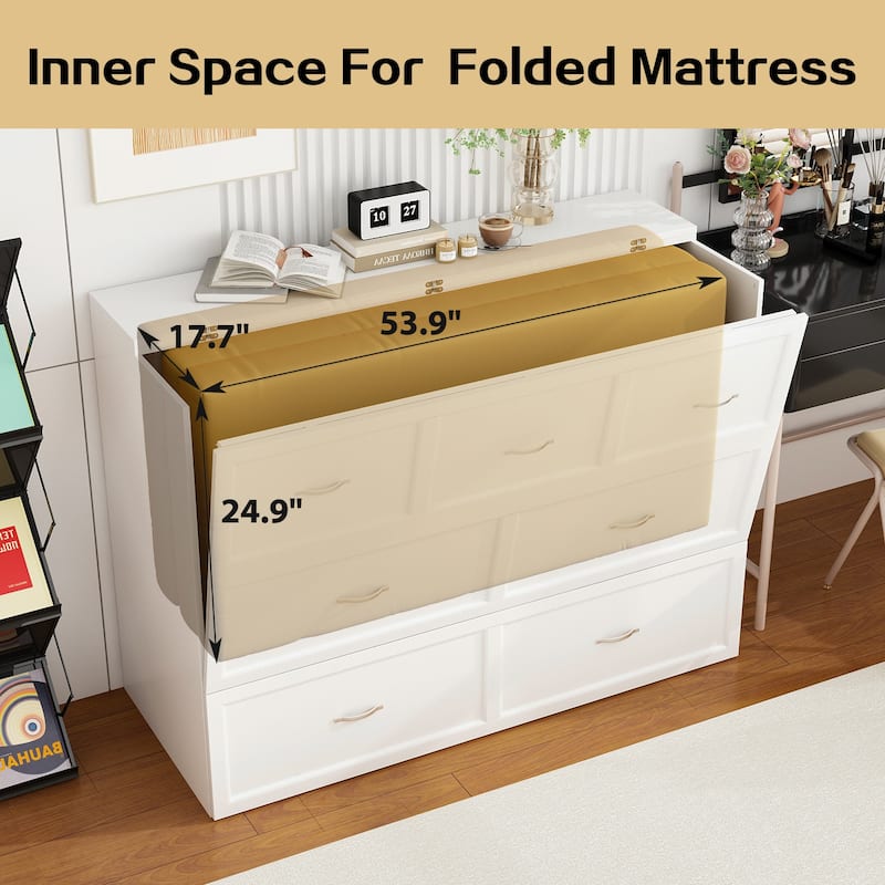 Modern Wood Full Murphy Bed Chest in White Finish Dresser 2-1 Cabinet