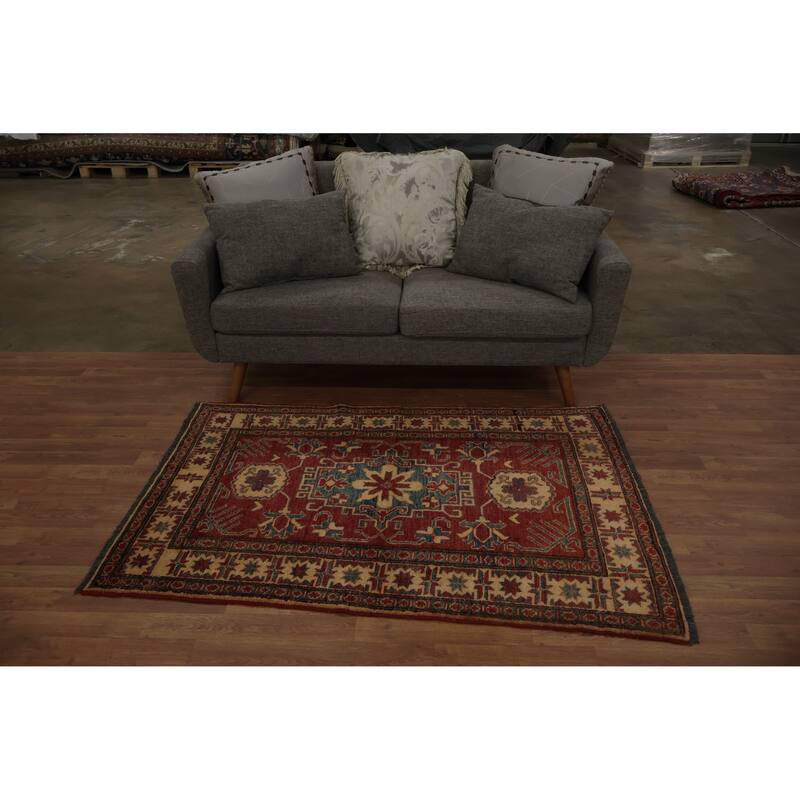Hand Knotted Oriental 100% Wool Carpet Traditional Geometric Red Super Kazak Area Rug - 5' 4'' X 3' 8''
