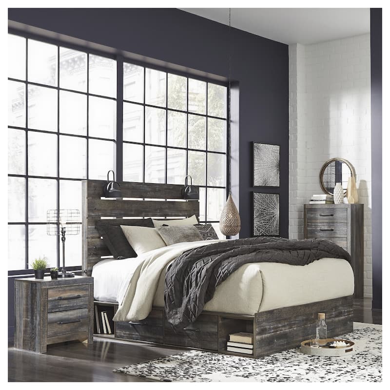 Drystan Rustic Brown Panel Bed with 2 Under Bed Storage Drawers