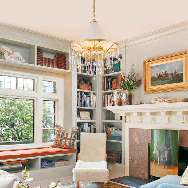 Brushed Gold Crystal Tiered Chandelier with Linen Shade Dining Room - Dia.23.62-in