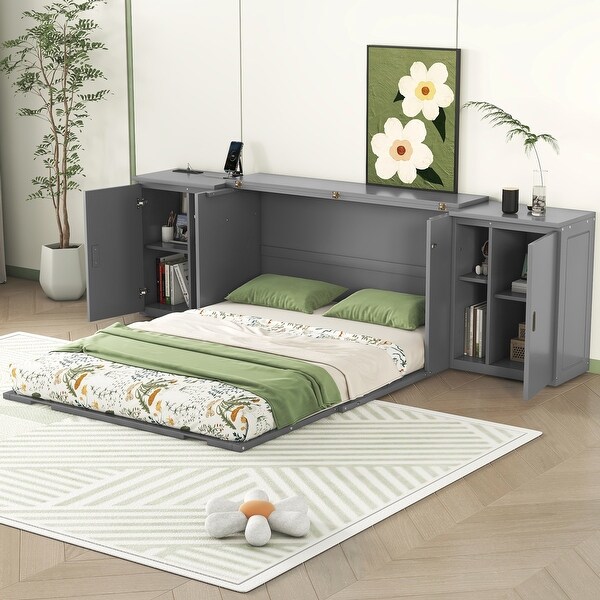 Queen Floor Murphy Bed with Shelves Cabinets USB Ports Space Saving Wood Wall Bed Frame for Small Apartment Studio Grey