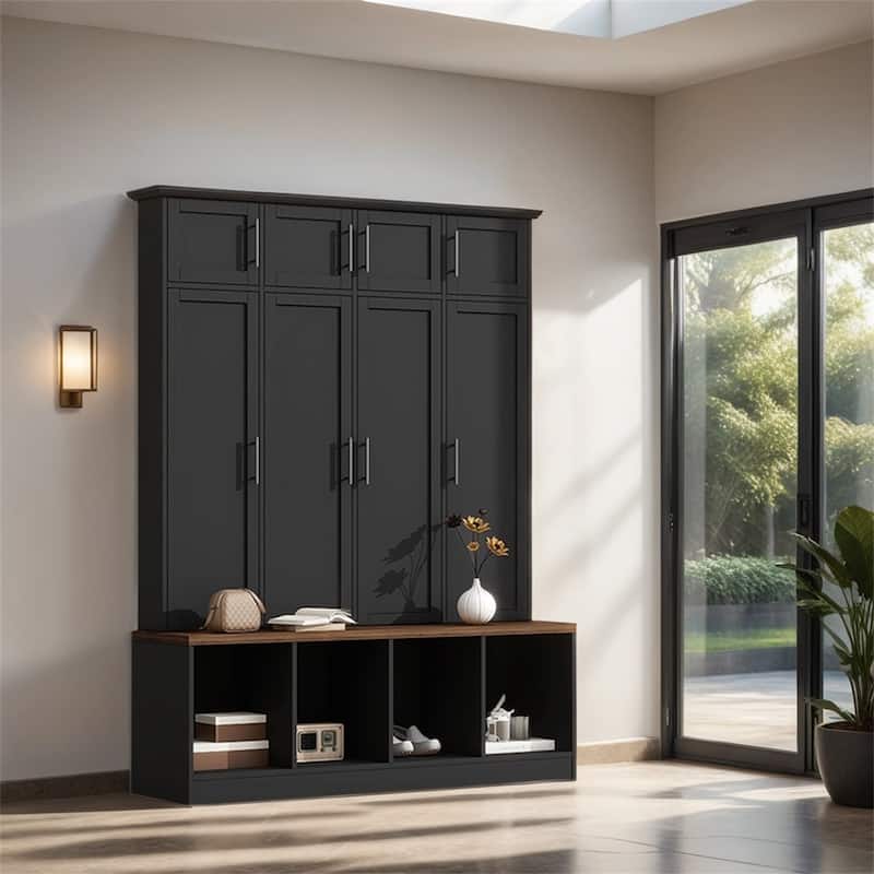 Multi-Functional Hall Tree w/4 Hidden Hanging Hooks,Wood Grain Bench