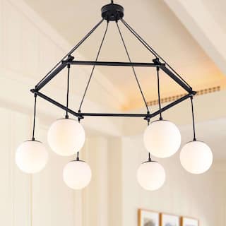 6-Light Black Wagon Wheel Chandelier, Hexagonal Dining Room Pendant Light with White Glass Shade
