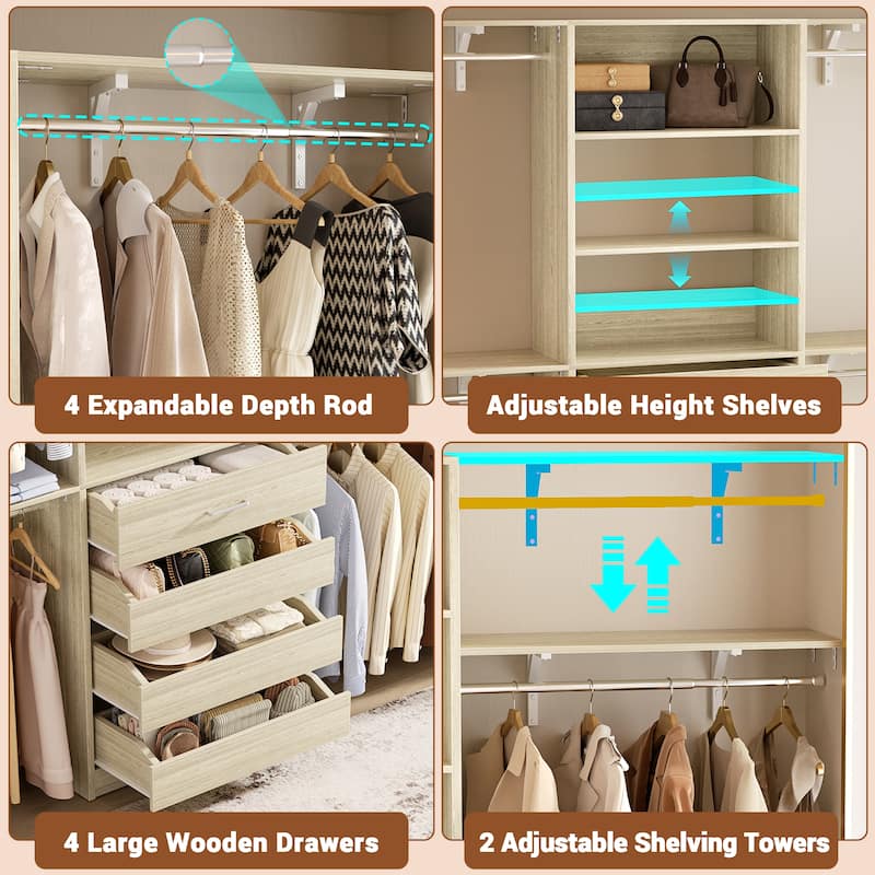 96'' Closet Organizer System with Wood Drawers, Wardrobe with Storage Shelves and 4 Hanging Rods