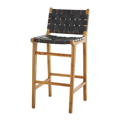 Teak Wood Woven Leather Seat and Back Bar Stool with Beam Footrest - Black or Brown- Roche River Decor