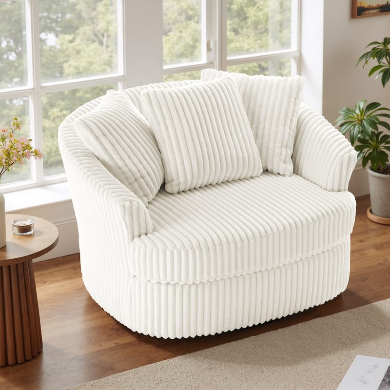 Oversized 43" W Plush Corduroy Recessed Arm Swivel Barrel Chair - Beige