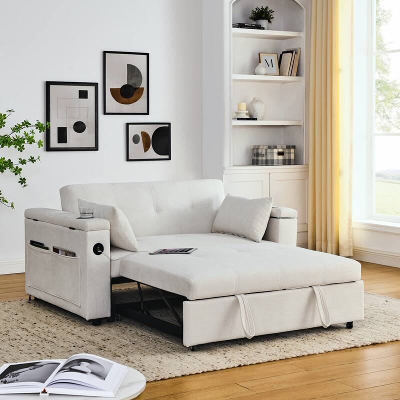 54"W Modern Chenille Sleeper Sofa,Sofa Bed with Storage Armrests and Side Pockets, Adjustable Backrest and Lumbar Pillow