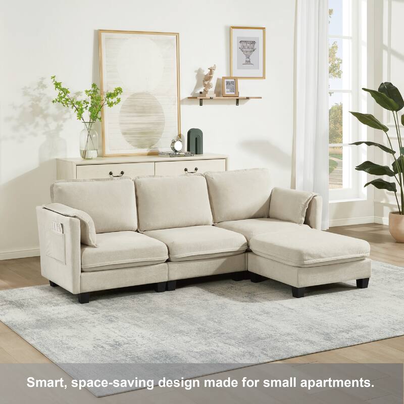 93" L-Shaped Sofa With Cotton-Linen Brushed Fabric, Detachable Storage Armrest Cushion, 3-Seater For Living Room