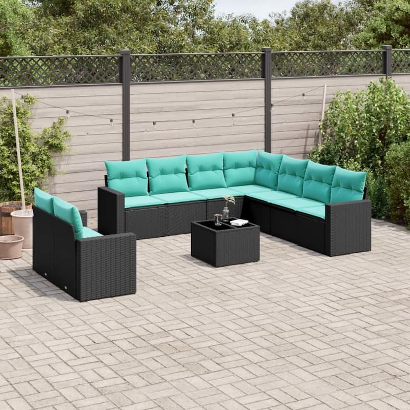 vidaXL Patio Sofa Set with Cushions Outdoor Conversation Furniture Poly Rattan - 25.8" x 24.4" x 27.2" - Black and blue with table