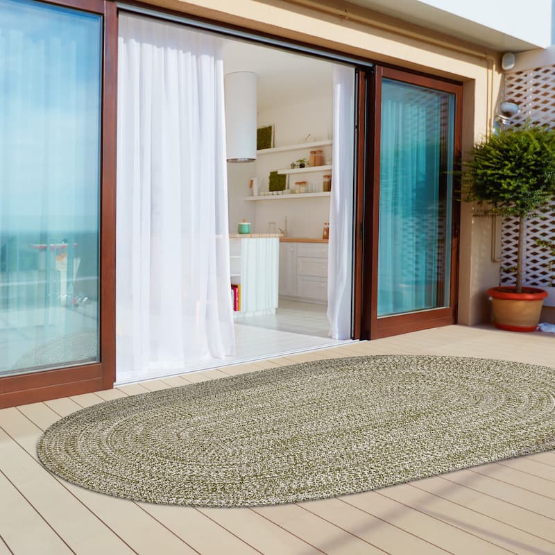 Superior Modern Rustic Bohemian Reversible Multi-Tone Braided Indoor Outdoor Area Rug - 6' x 9' Oval - Green-White