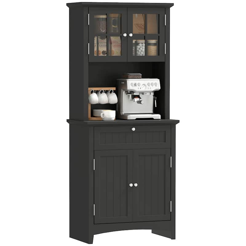 HOMCOM Kitchen Buffet Hutch Wooden Storage Cupboard with Framed Glass Door, Drawer and Microwave Space - 27"x15.75"x64.5"