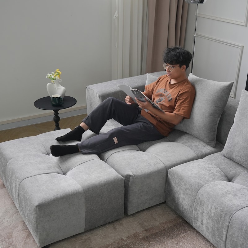 119.27" Linen Modular Sofa Chaise Sectional Sofa with Pillows, Ottoman