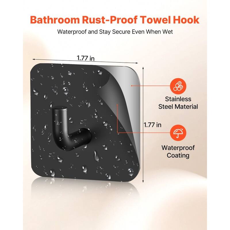 4-Pack Adhesive Wall Hooks Matte Black Stainless Steel Heavy Duty Easy No-Drill Installation - 1.77 x 1.77 x 1.22 in