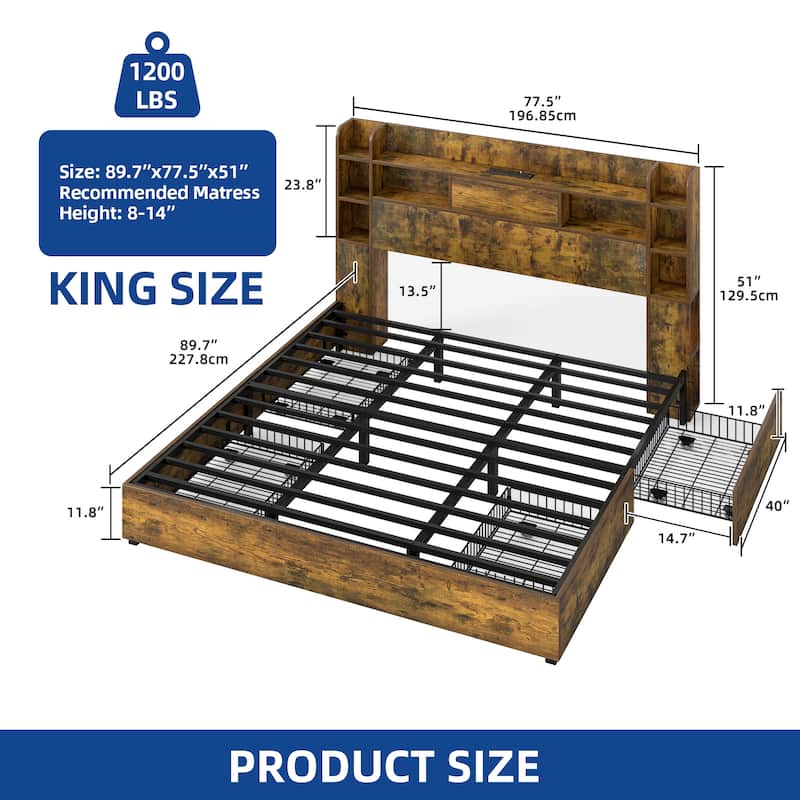 Queen/King Size LED Bed Frame with Bookcase Headboard, 4 Storage Drawers and Charging Station