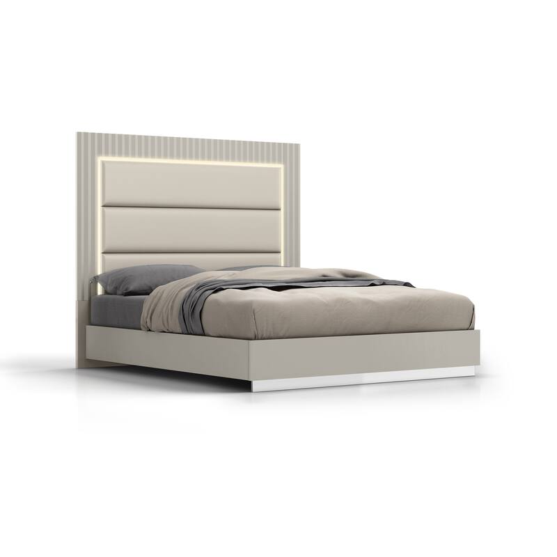 King Size Bed Grey Upholstered Headboard with Light, Stainless Steel Frame, Modern Bedroom Furniture