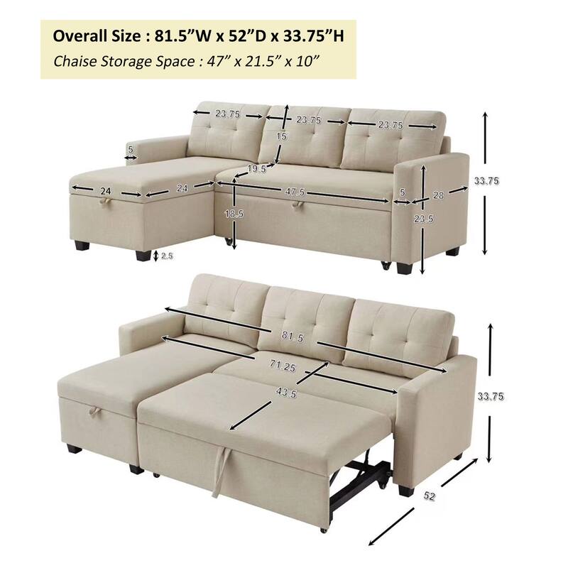 GDFStudio - Ethan Modern Pull-Out Sectional Sofa with Storage Chaise and Reversible Layout