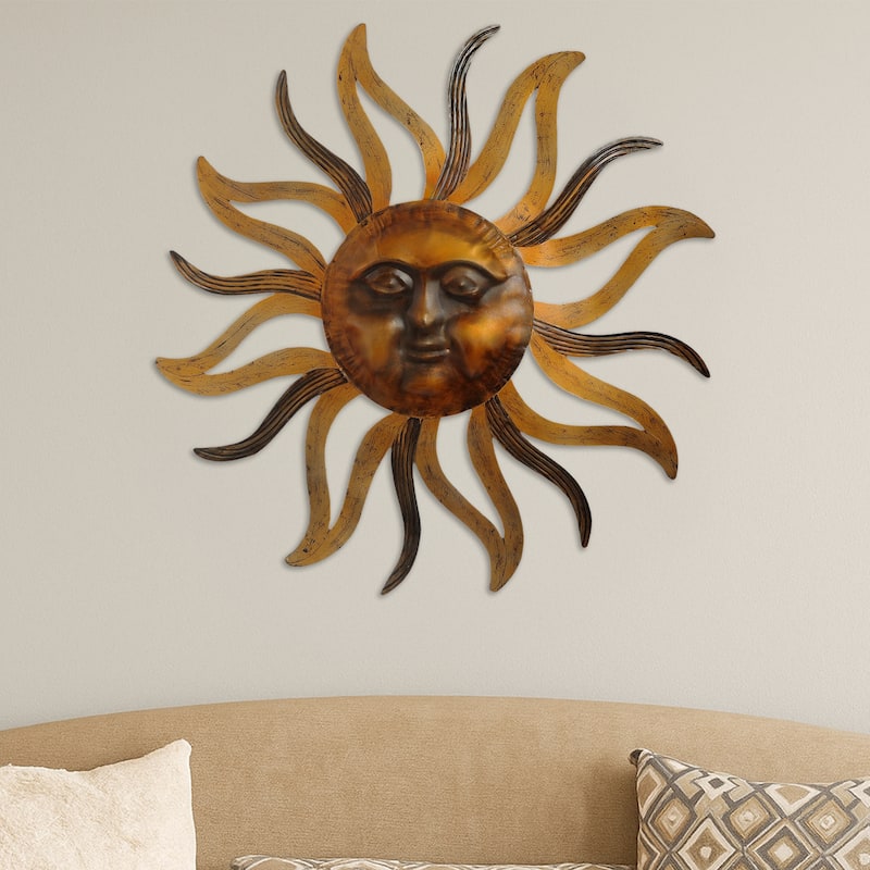 35 Inch Round Wall Mounted Sun Face Accent Decor, Carved Rustic Gold and Black Metal