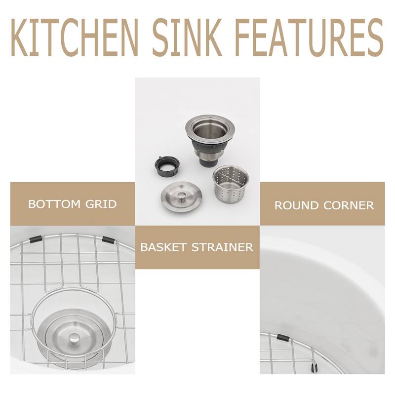 Kichae 18 Inch Ceramic Sink Undermount Round Small Kitchen Sink Bar Sink - 18 in.W x 18 in.D x 9 in.H