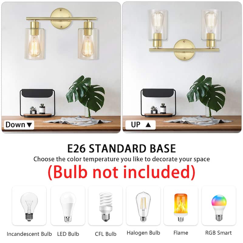 2-Light Metal Vanity Lighting Fixtures Wall Sconces with Class Shade for Bathroom Bedroom