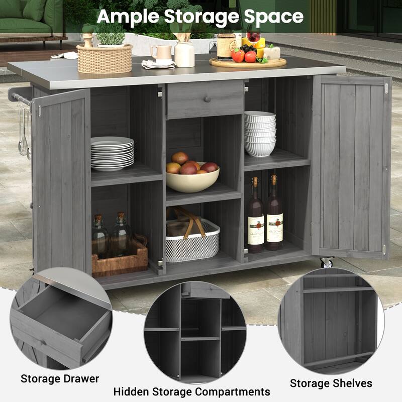 Outdoor Kitchen Island with Foldable Stainless Steel Top & Bottle Opener, Fir Wood Kitchen Island with Shelves and Towel Racks