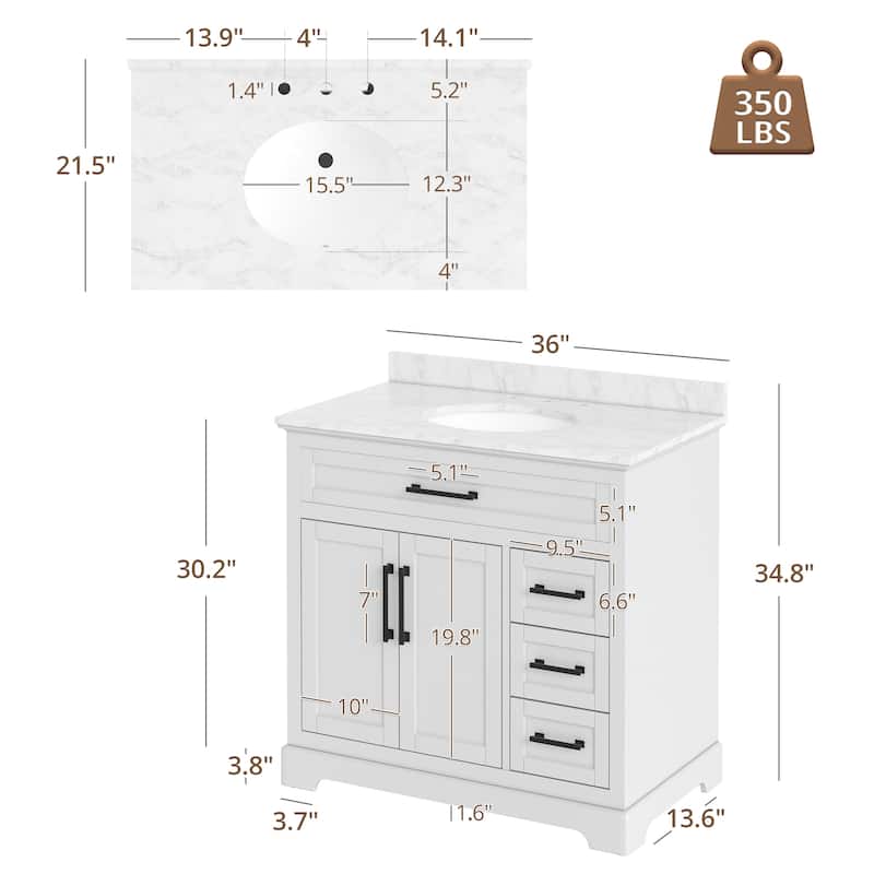 36/48/60 in. Bathroom Vanity in Wood with Ceramic Undermount Sink, Vanity with soft close Drawers