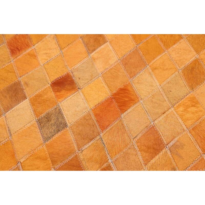 ECARPETGALLERY Handmade Cowhide Patchwork Orange Leather Rug - 7' x 7'