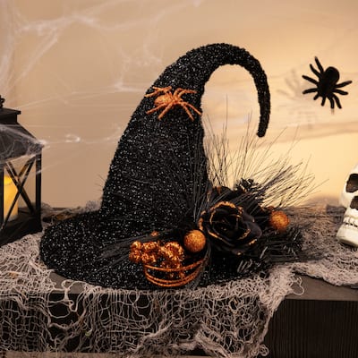 16" Black Tinsel Witch's Hat Orange Glittered Roses Halloween Decor