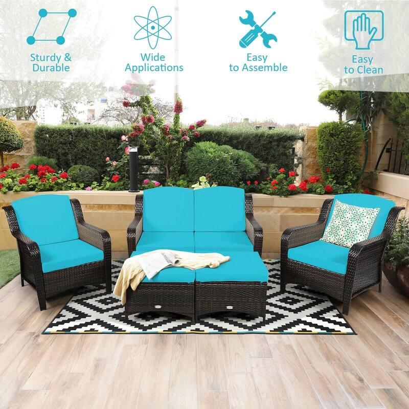 5 Pieces Patio Rattan Sofa Set with Cushion and Ottoman - 51" x 33.5" x 33" (L x W x H)