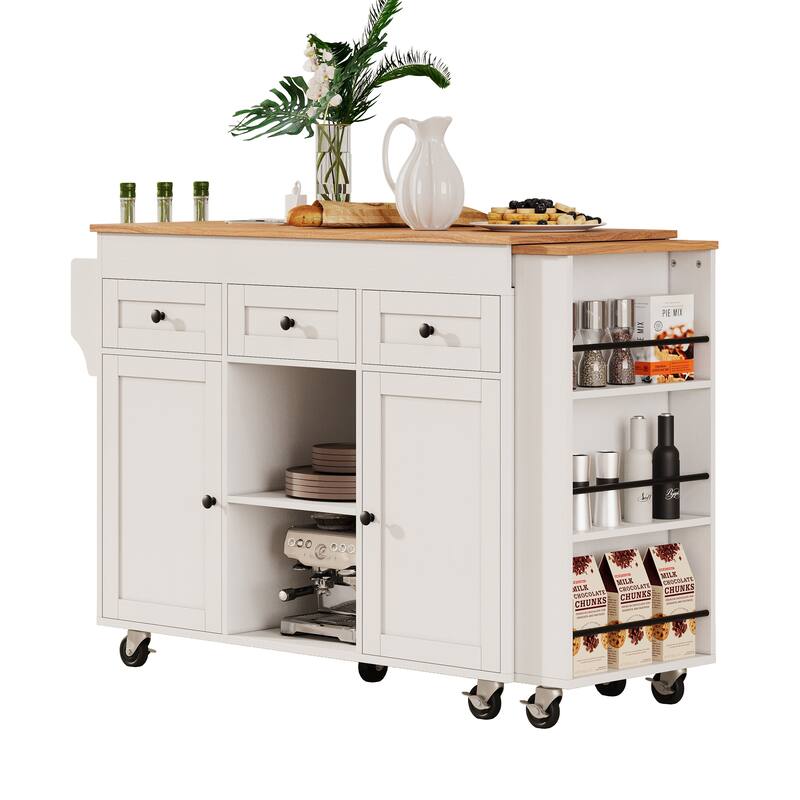 Extendable Dining Table Rolling Kitchen Island with 3 Side Open Shelves, Power Outlet, 3 Drawers and 2 Doors