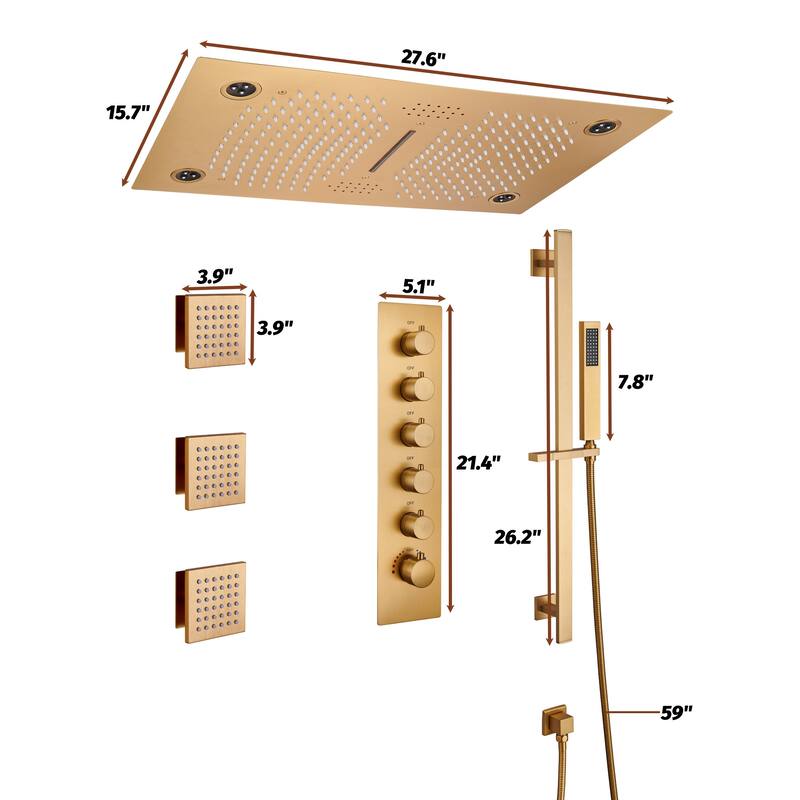 Luxury 5-Spray Patterns 28 in. Ceiling Mount Shower System with Handheld Shower Head, 3 Body Jets, LED, and Music - 16" x 28"