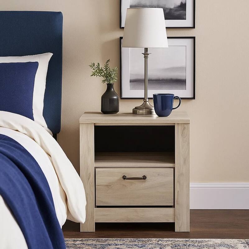 Simon Nightstand, Drawer and USB, Rustic Gray Laminate Whitewash