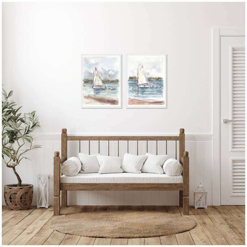 Kate and Laurel Sylvie Maryanne Welch Chatham Fog Sailboats Framed Canvas Art Set by Patricia Shaw