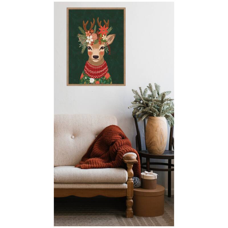 Kate and Laurel Sylvie Beaded Christmas Deer Framed Canvas by Mia Charro - Sylvie Beaded Rustic Natural