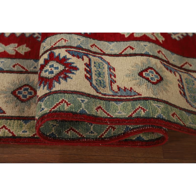 Red Geometric Kazak Runner Rug Handmade Oriental Wool Carpet - 4'1" x 13'8"