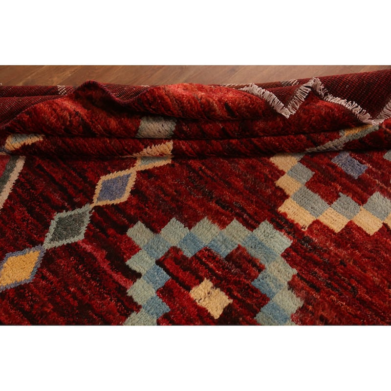 Red Geometric Moroccan Oriental Rug Hand-Knotted Tribal Wool Carpet - 8'1" x 9'9"