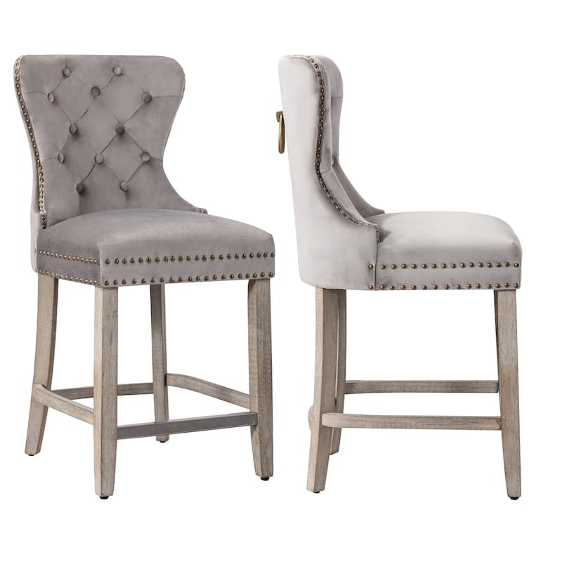 Carter 24" Wingback Tufted Nailhead Counter Stool (Set of 2), Antique Grey Legs