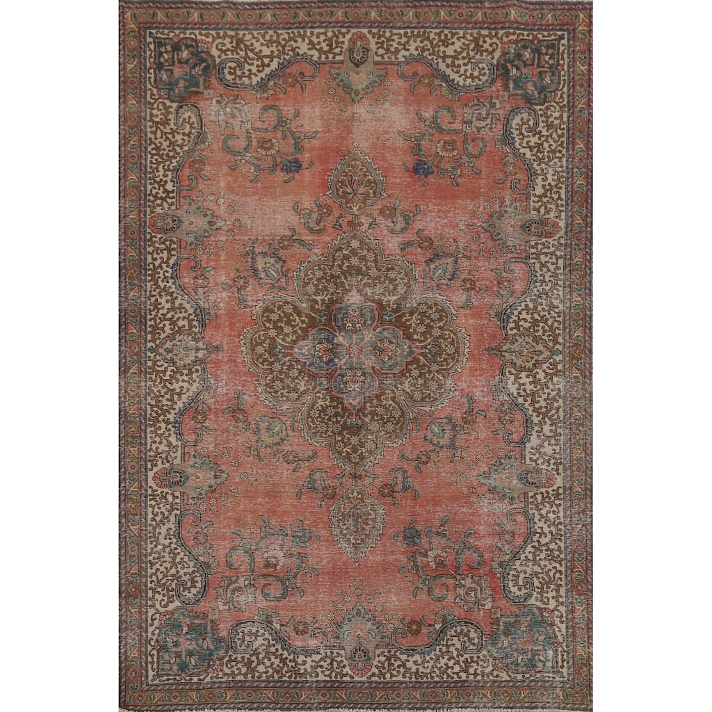 Distressed Tabriz Persian Vintage Rug Handmade Bedroom Wool Carpet - 7'3"x 10'10"