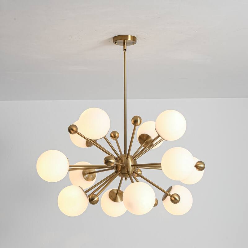 12-Light Brass and Glass Globe Sputnik Chandelier - Mid-Century Modern Ceiling Light for Living Room - 12 Light - Gold/White - 12 Light