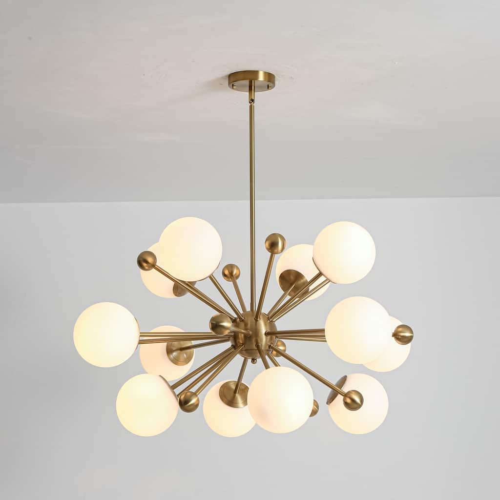 12-Light Brass and Glass Globe Sputnik Chandelier - Mid-Century Modern Ceiling Light for Living Room - 12 Light