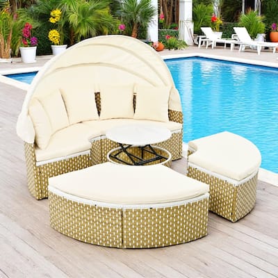Outdoor Round Daybed with Retractable Canopy,Adjustable Table,Wicker Sectional Sofa with Cushions & Pillows,Patio Lounge Set