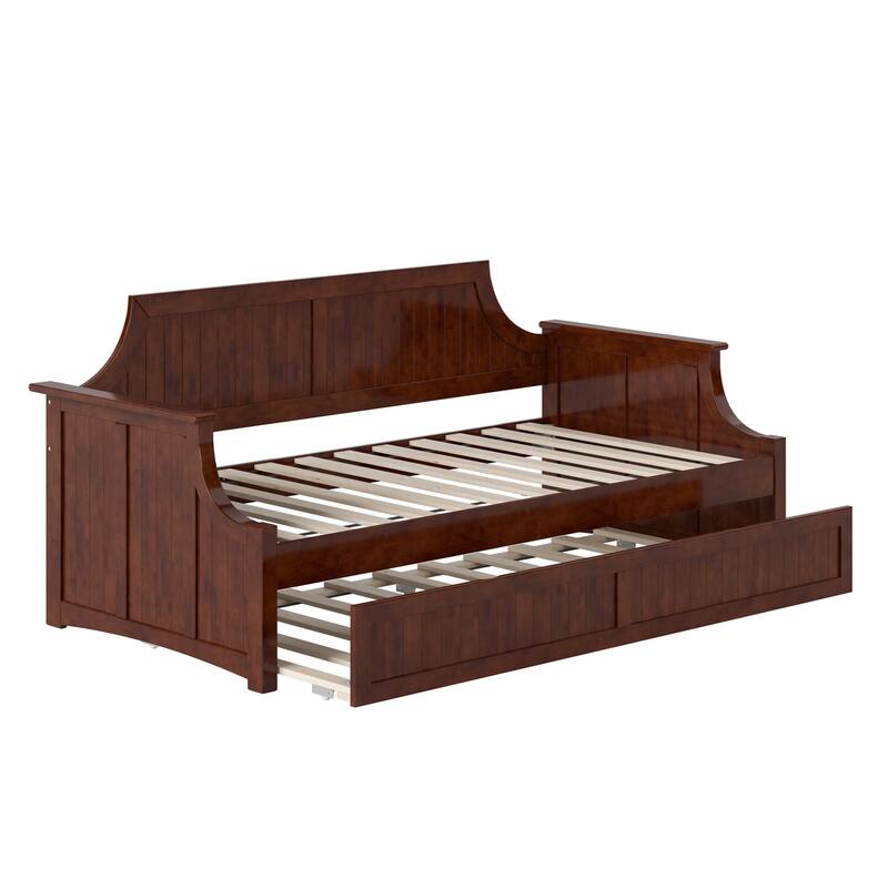 Twin Daybed with Trundle - Wood Frame Daybed for Living Room, Bedroom, Guest Room - Walnut Finish