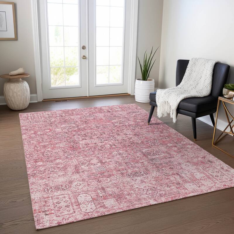 Machine Washable Indoor/ Outdoor Chantille Vintage Traditional Rug - Pink - 10' x 14'