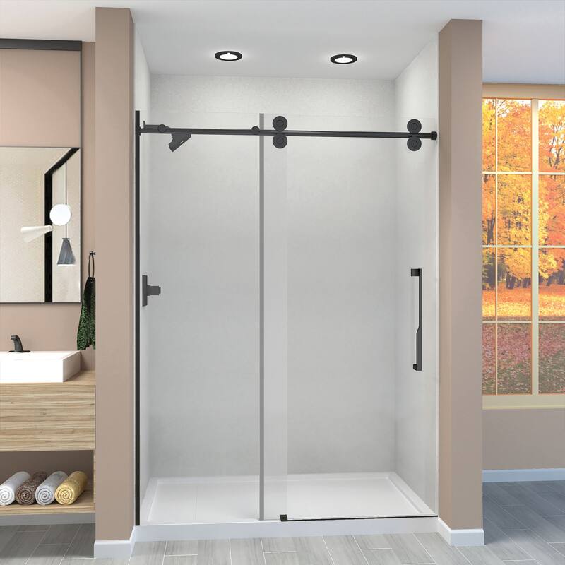 Teegan 59 in. W x 80 in. H Sliding Semi Frameless Shower Door with Fixed Panel with Clear Glass - 56.5-59-in W x 80-in H