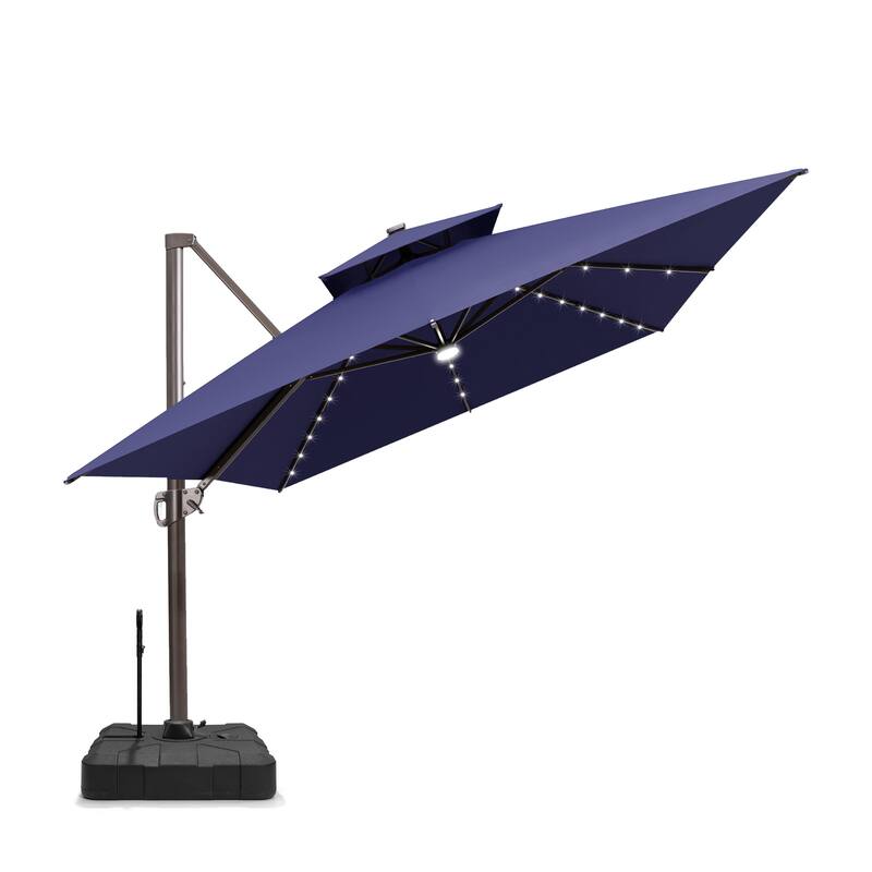 10 X 13 FT Outdoor Patio Cantilever Umbrella with Solar Lights Rod Wheel Base Double Canopy 360 Rotation Tilt