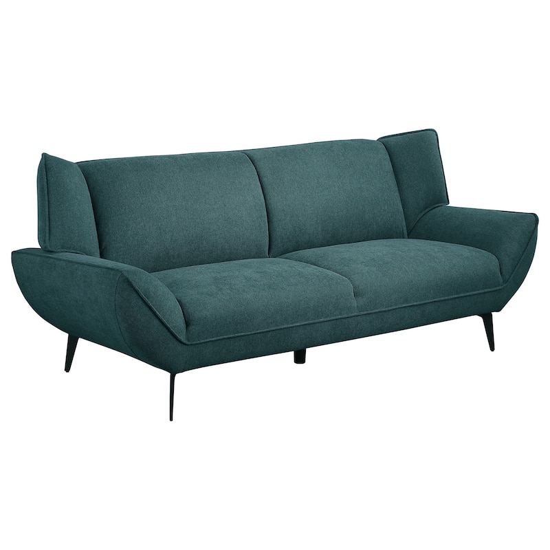 Toer 84 Inch Wide Sofa, Flared Arms, Soft Teal Blue Upholstery, Black Metal