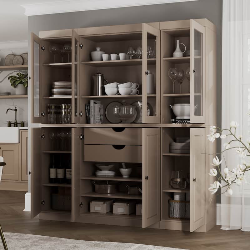 Palace Imports 100% Solid Wood Kitchen China Cabinet Pantry with Glass or Solid Wood Doors and 2-Drawer Kit - 65" x 71.5" - Beige - 4 Clear Glass-4 Solid