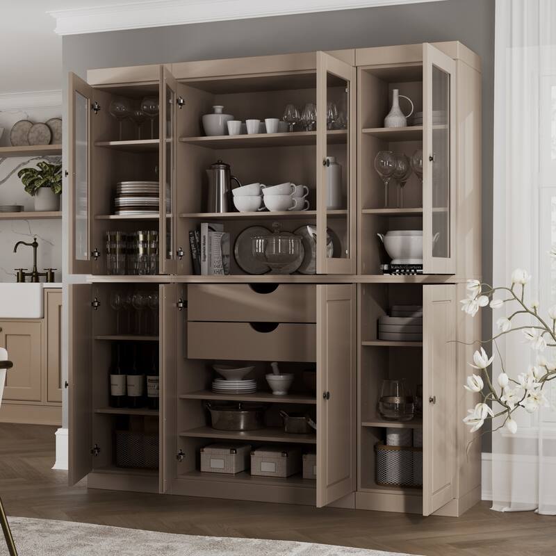 Palace Imports 100% Solid Wood Pantry China Cabinet, Raised Panel & Clear Glass Doors, 2 Drawers, 65" Wide, 71.5" Tall - Beige