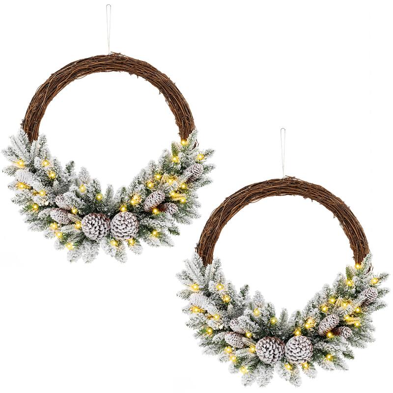 Gymax 2PCS 24'' Christmas Wreath w/65 Branch Tips 8 Natural Pine Cones - White, Green