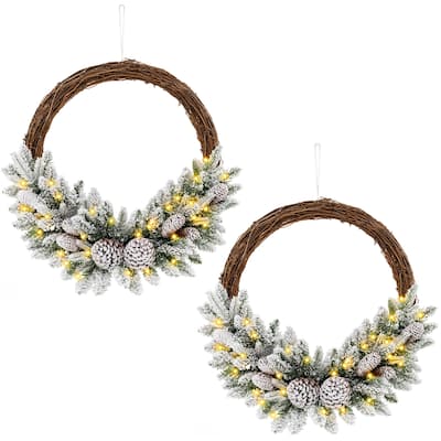 Gymax 2PCS 24'' Christmas Wreath w/65 Branch Tips 8 Natural Pine Cones